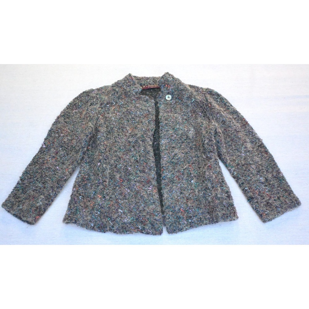 Vintage 80s Womens Swing Jacket Grey Multicolor Novelty Nub Knit Shoulder Pads